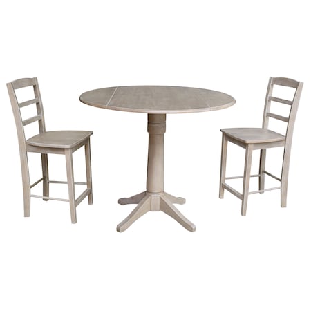 International Concepts Round 42 in Rd Pedestal Gathering Ht Table, 2 Counter Ht Stools, Gray Taupe, 42 in W, 42 in L, Wood K09-42DPT-27B-S402-2